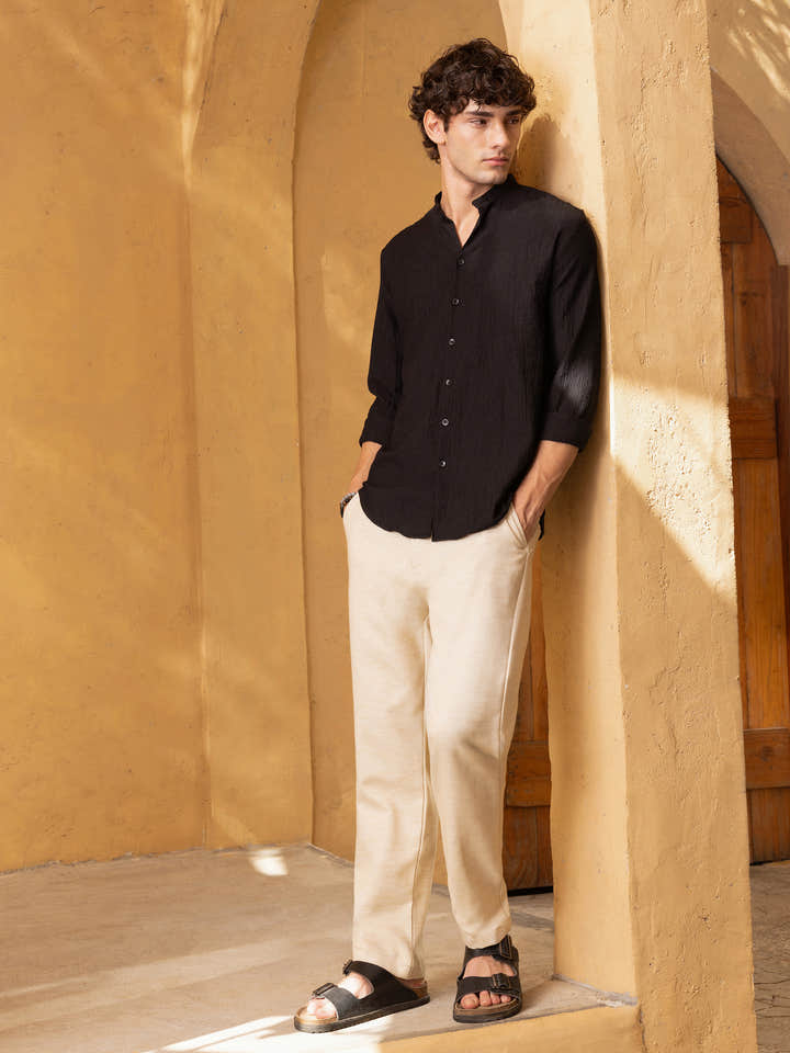 Crinkle Textured Mandarin Collar Regular Fit Shirt