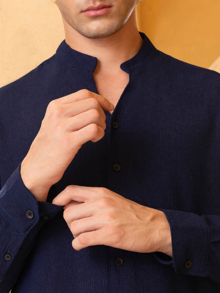 Crinkle Textured Mandarin Collar Regular Fit Shirt