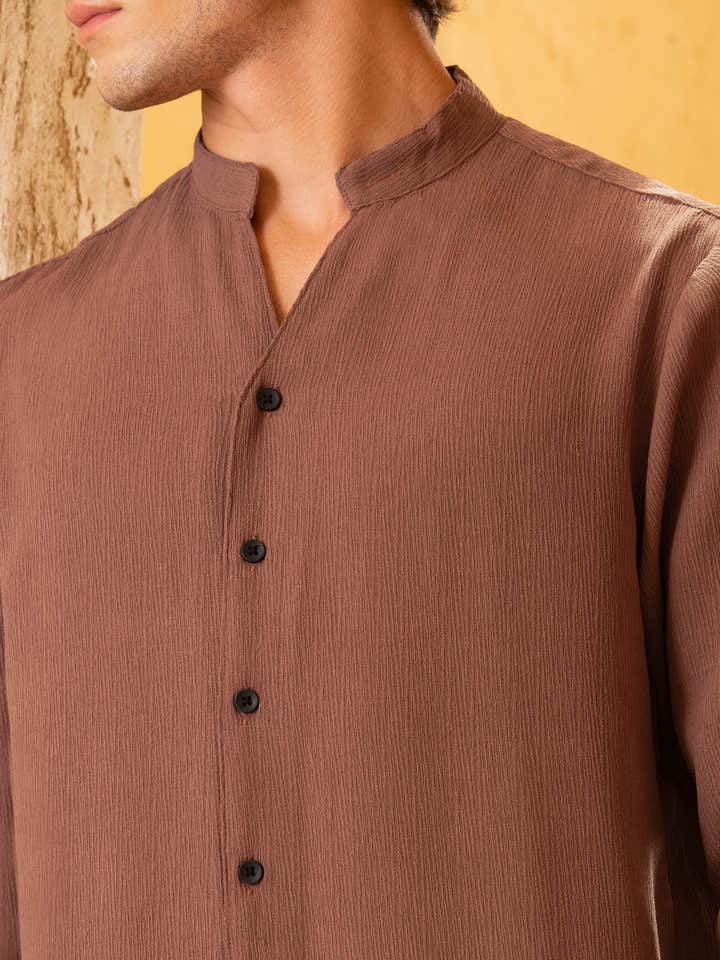 Crinkle Textured Mandarin Collar Regular Fit Shirt
