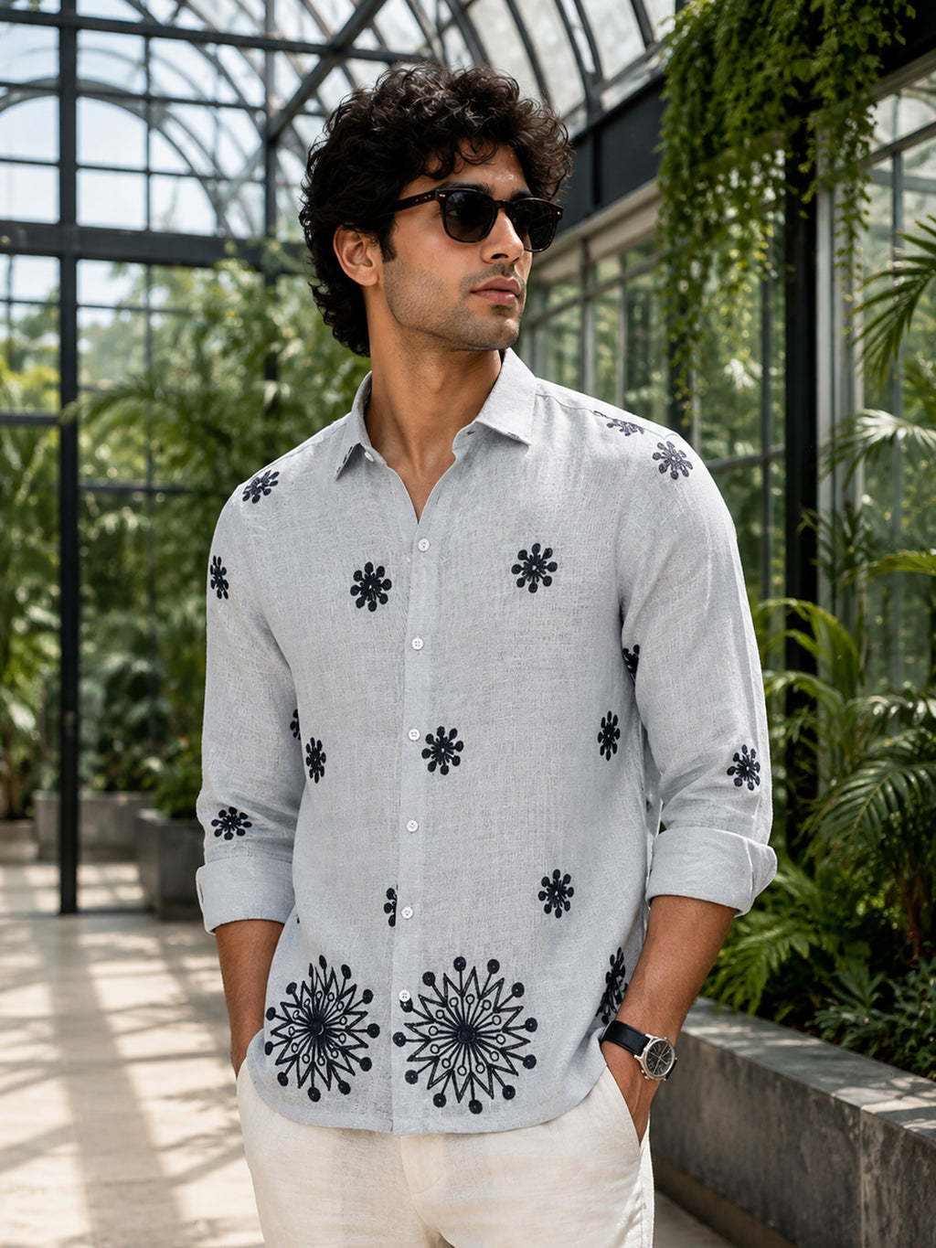 CAHOOT Men's Light Grey Floral Placement Embroidered Shirt - view 1