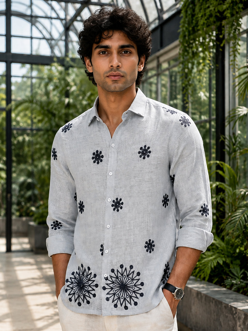 CAHOOT Men's Light Grey Floral Placement Embroidered Shirt - view 2