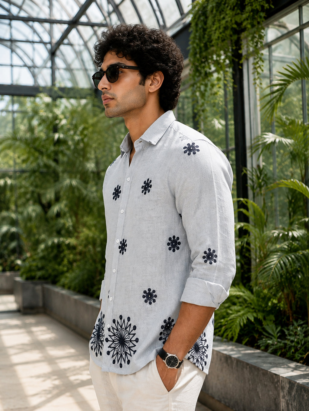CAHOOT Men's Light Grey Floral Placement Embroidered Shirt - view 3