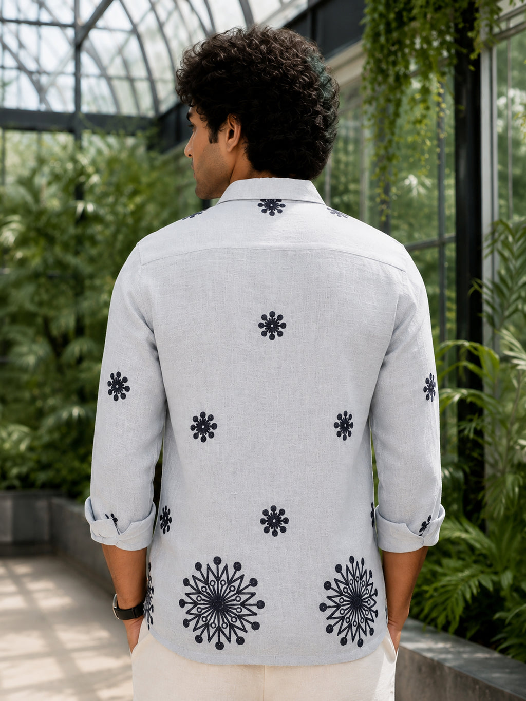 CAHOOT Men's Light Grey Floral Placement Embroidered Shirt - view 4