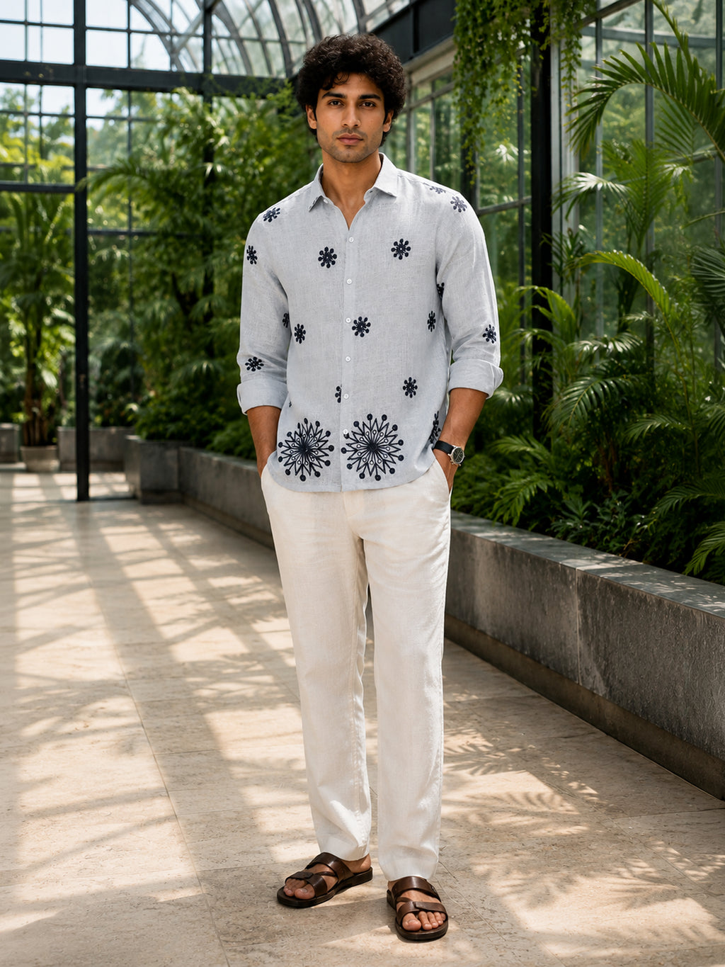 CAHOOT Men's Light Grey Floral Placement Embroidered Shirt - view 5
