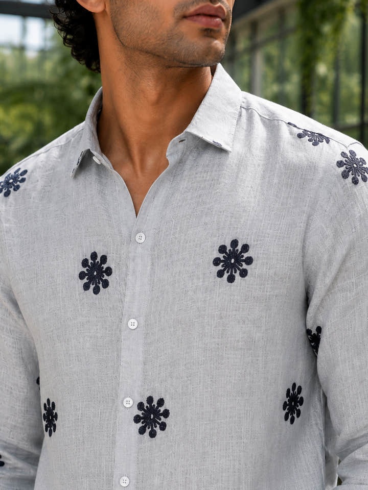 CAHOOT Men's Light Grey Floral Placement Embroidered Shirt - view 6