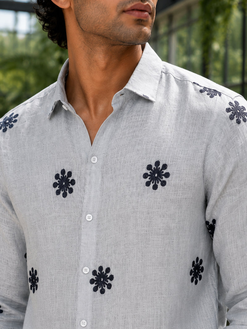 CAHOOT Men's Light Grey Floral Placement Embroidered Shirt - view 6
