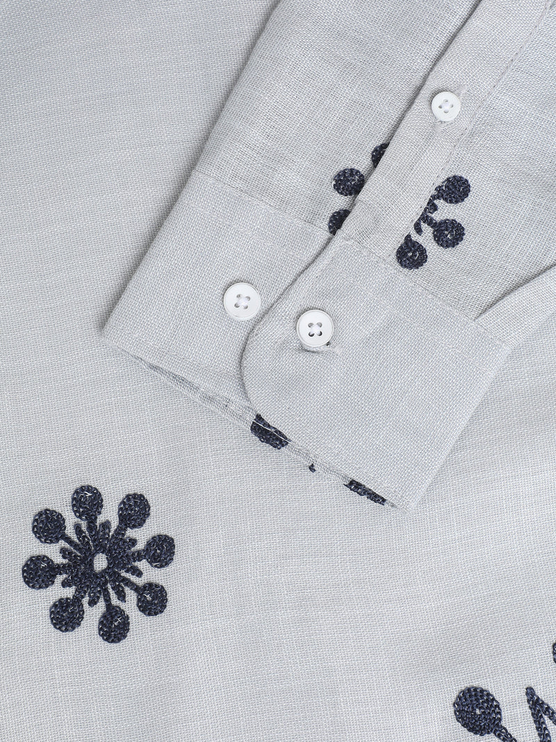 CAHOOT Men's Light Grey Floral Placement Embroidered Shirt - view 8
