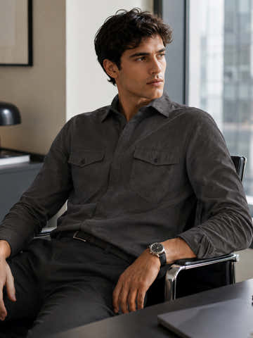Grey Suede-Finish Shirt With Twin Flap Pockets