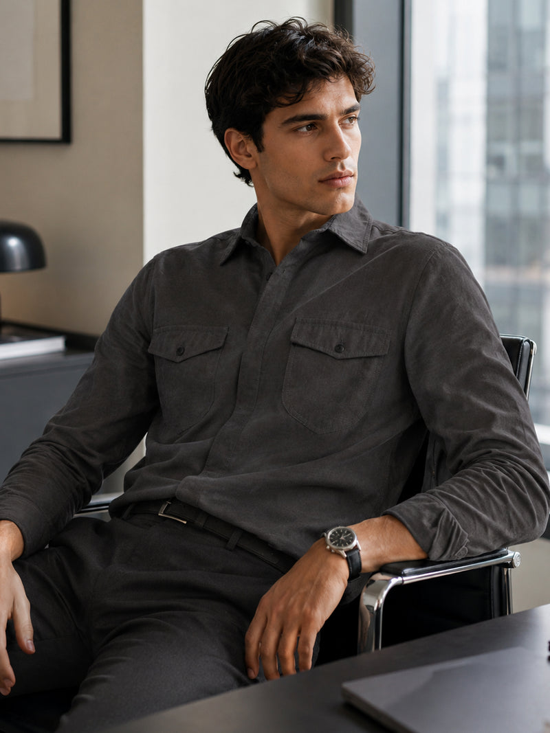 CAHOOT Grey Suede-Finish Shirt With Twin Flap Pockets - view 1