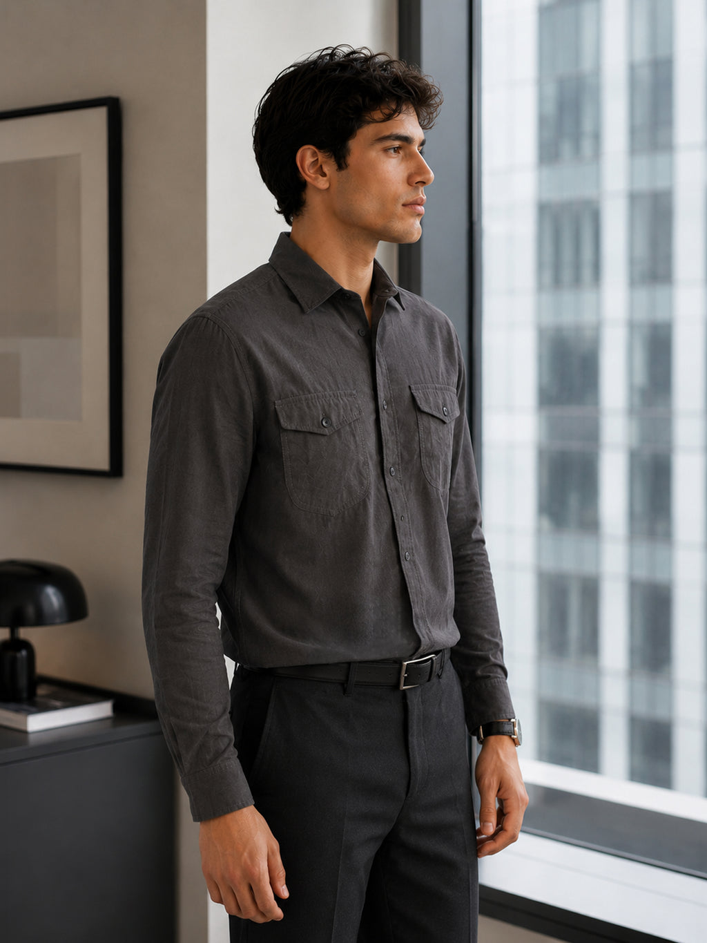 CAHOOT Grey Suede-Finish Shirt With Twin Flap Pockets - view 2