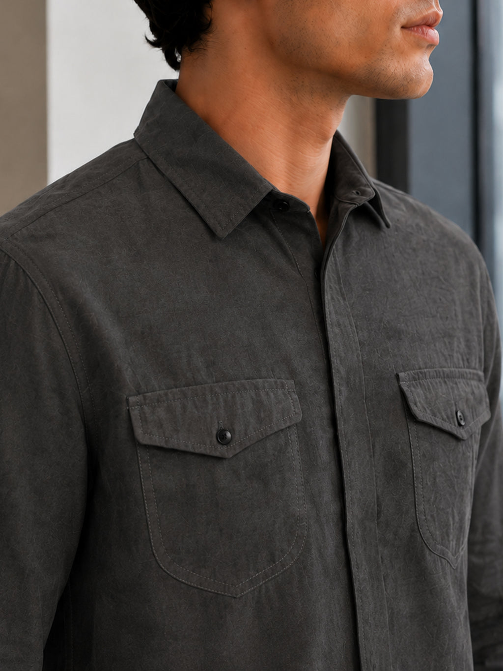CAHOOT Grey Suede-Finish Shirt With Twin Flap Pockets - view 5
