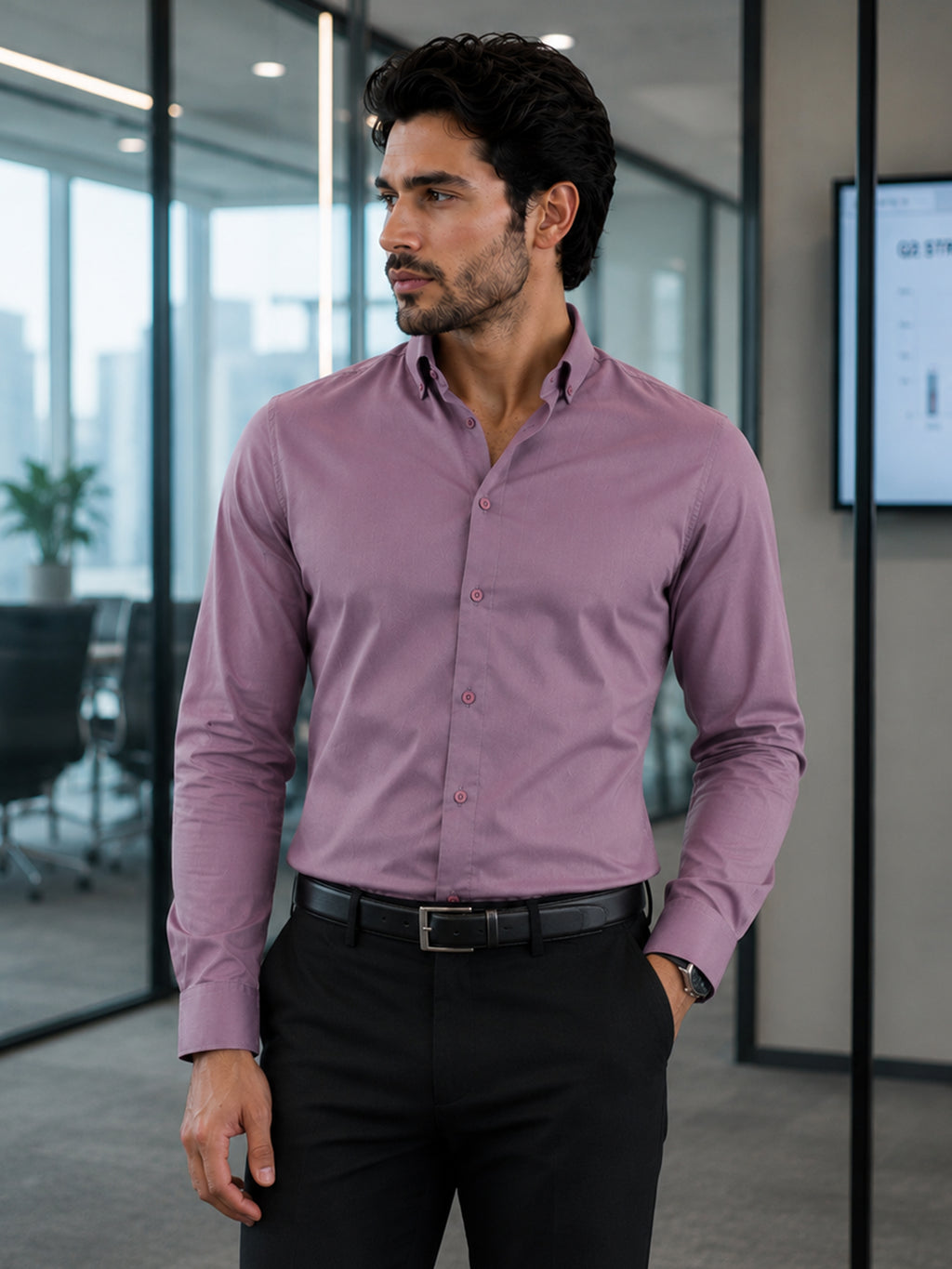 CAHOOT Men's Lavender Button Down Collar Slim Fit Shirt - view 2