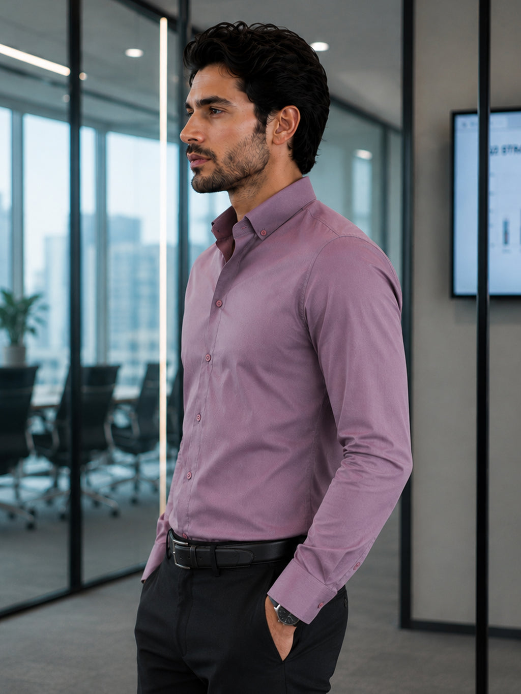 CAHOOT Men's Lavender Button Down Collar Slim Fit Shirt - view 3