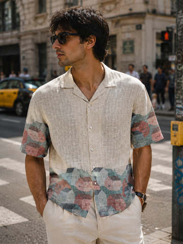 Placement Print Cuban collar oversized fit Shirt