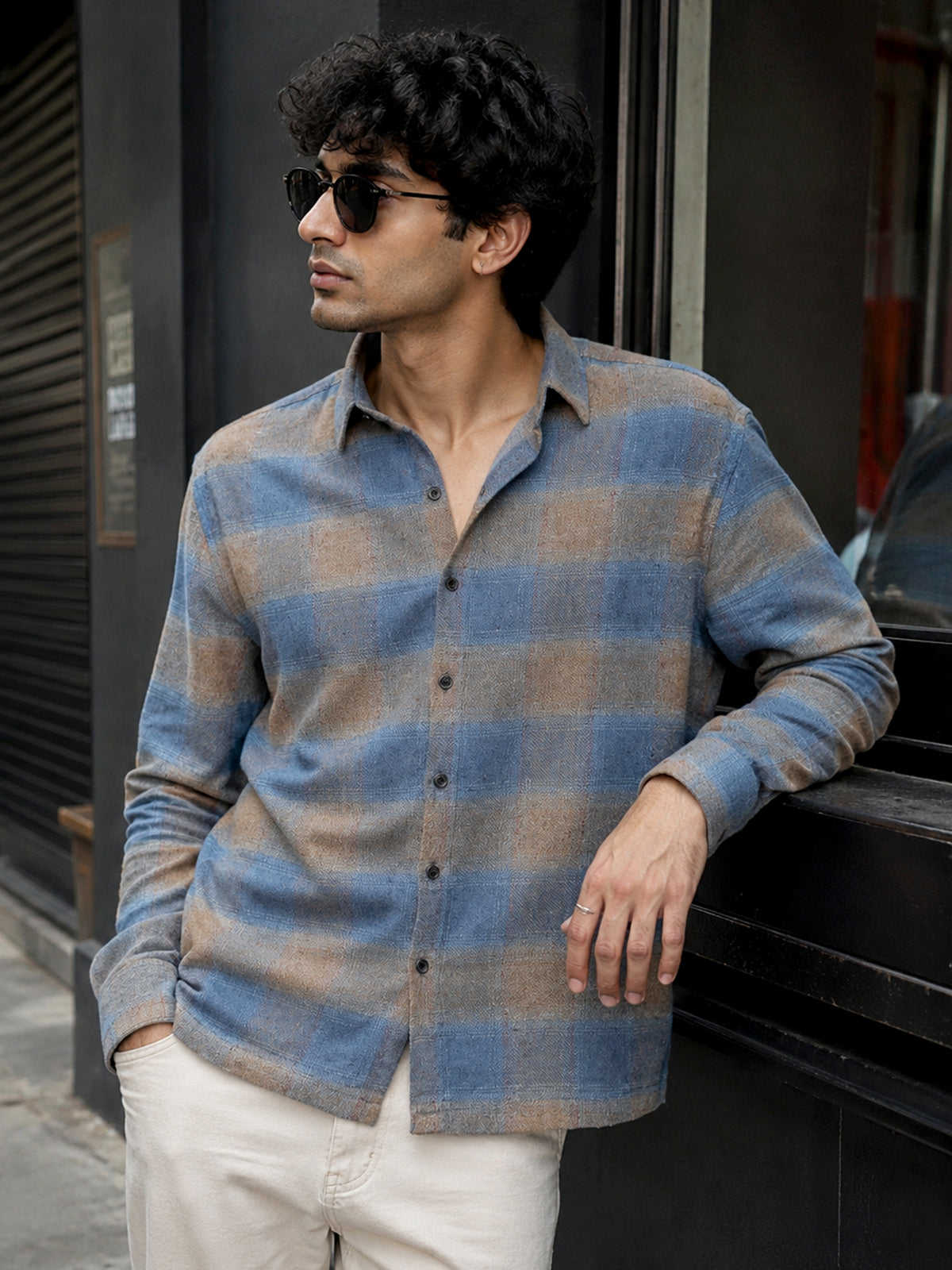 CAHOOT Men's Blue & Beige Check Flannel Oversized Fit Shirt - view 1