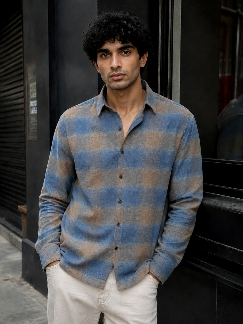 CAHOOT Men's Blue & Beige Check Flannel Oversized Fit Shirt - view 2