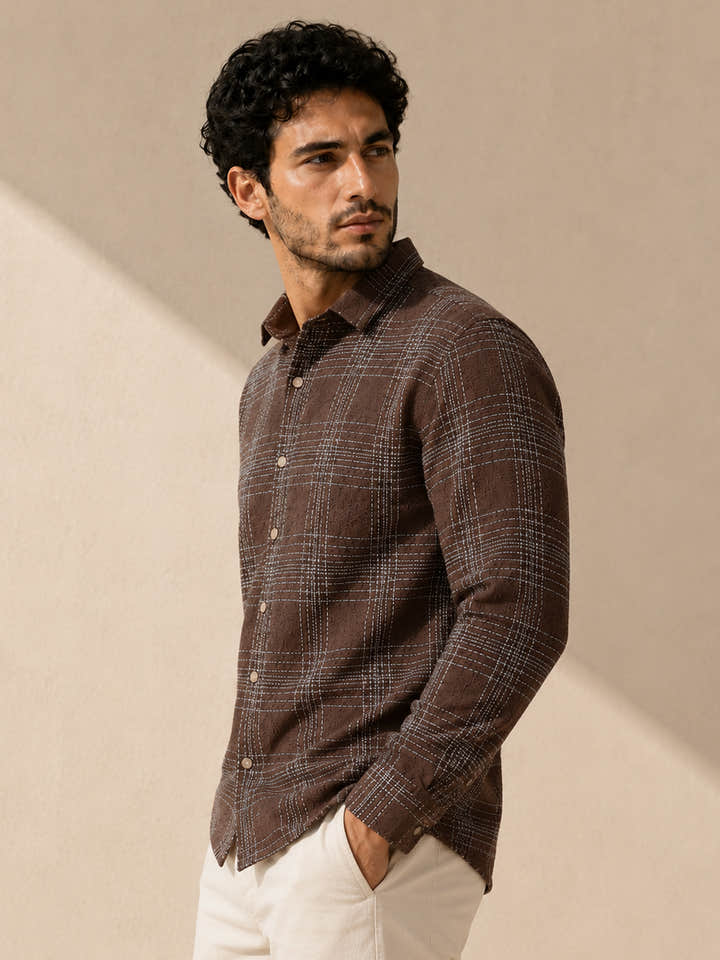 CAHOOT Men's Brown Checkered Oversized Fit Shirt - view 3
