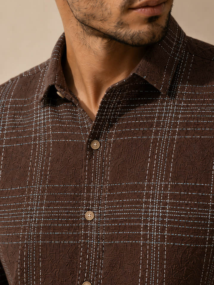 CAHOOT Men's Brown Checkered Oversized Fit Shirt - view 6