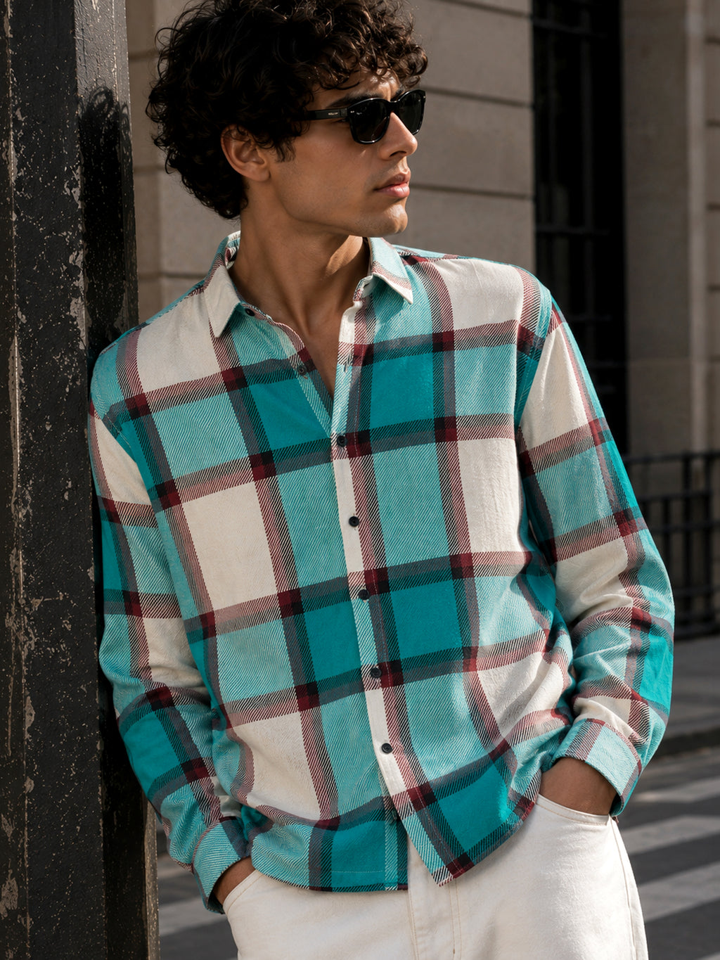CAHOOT Turquoise Yarn-Dyed Checked Oversized Fit Shirt - view 1