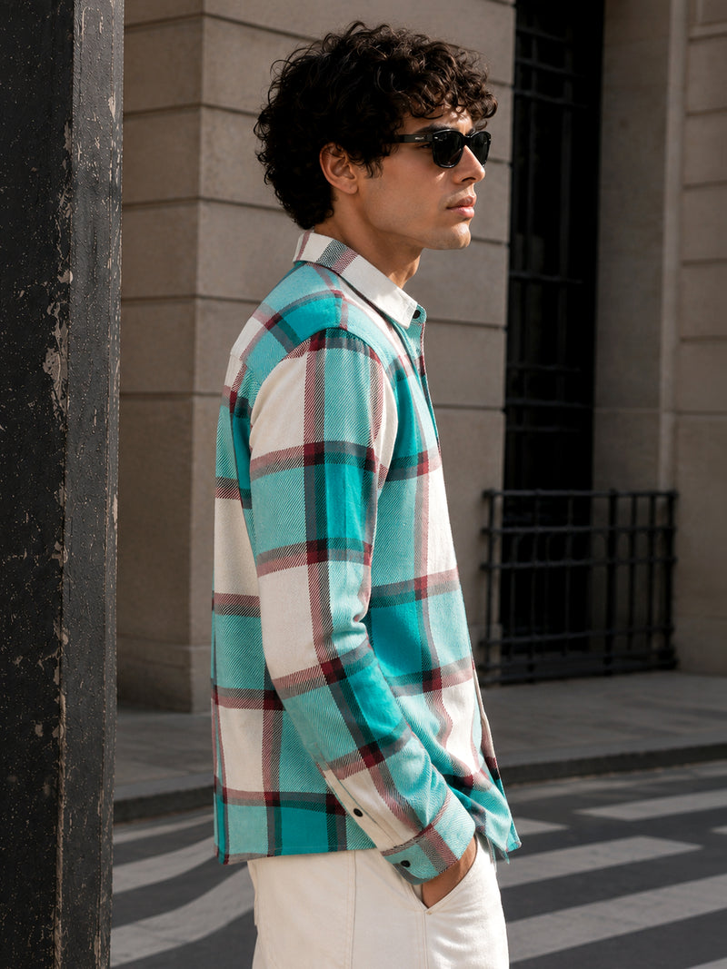 CAHOOT Turquoise Yarn-Dyed Checked Oversized Fit Shirt - view 2