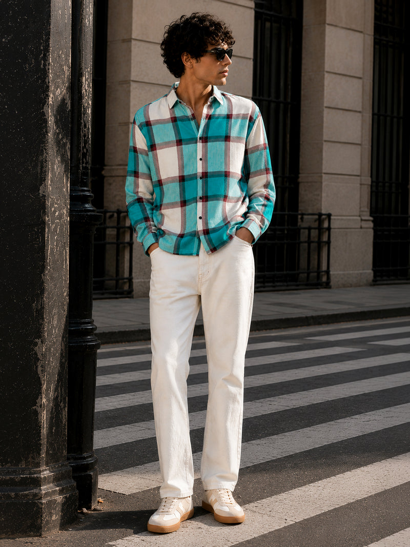 CAHOOT Turquoise Yarn-Dyed Checked Oversized Fit Shirt - view 4