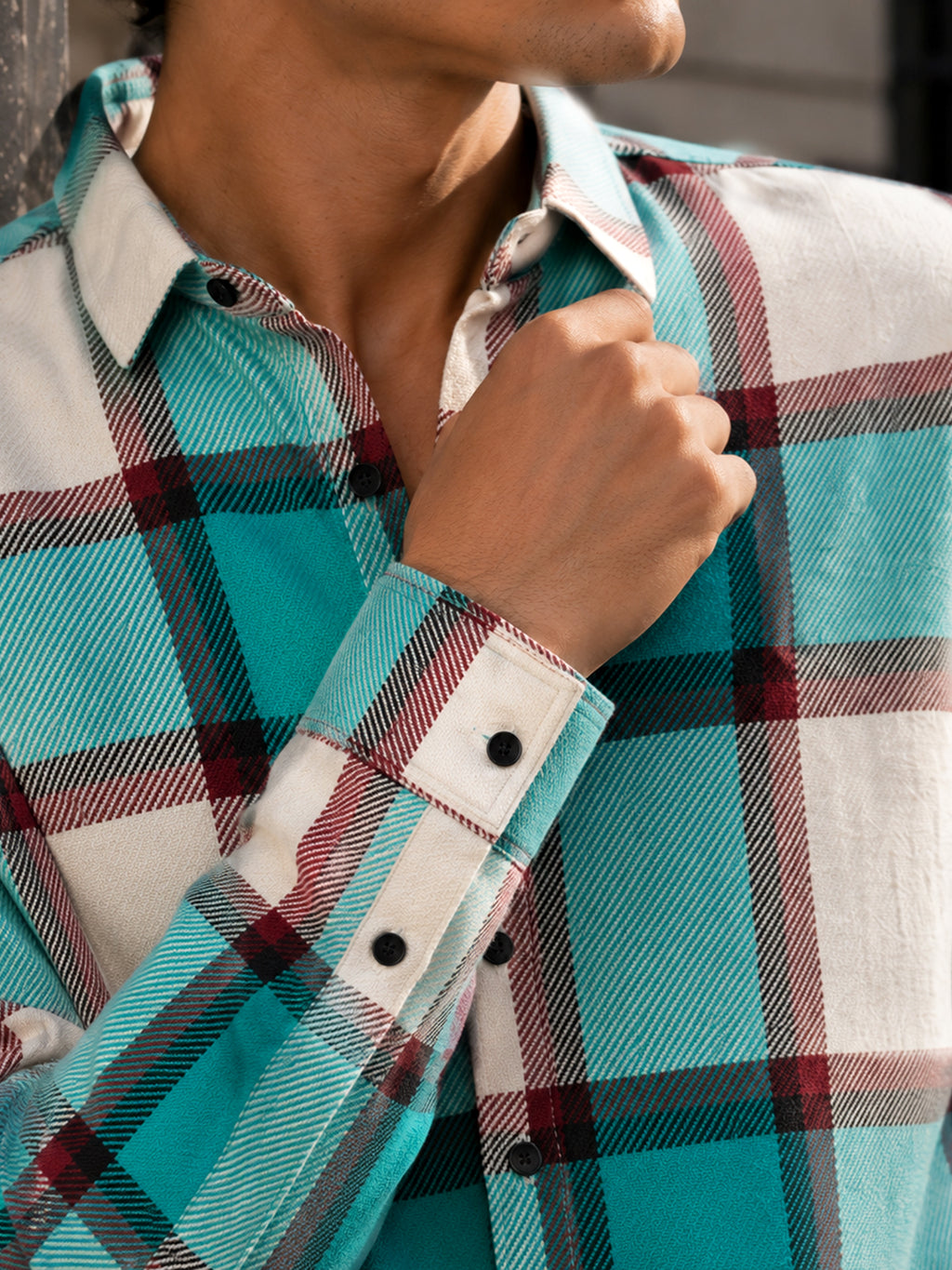 CAHOOT Turquoise Yarn-Dyed Checked Oversized Fit Shirt - view 6