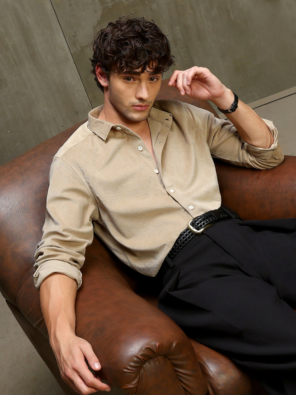 CAHOOT Men's Dark Beige Textured Knit Regular Fit Shirt - view 1