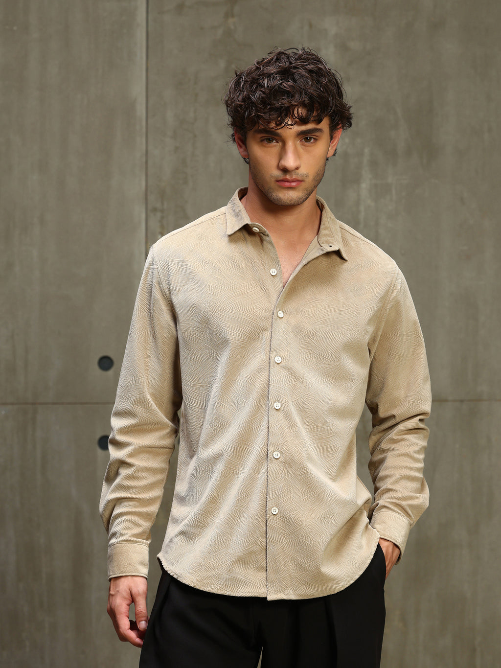 CAHOOT Men's Dark Beige Textured Knit Regular Fit Shirt - view 2