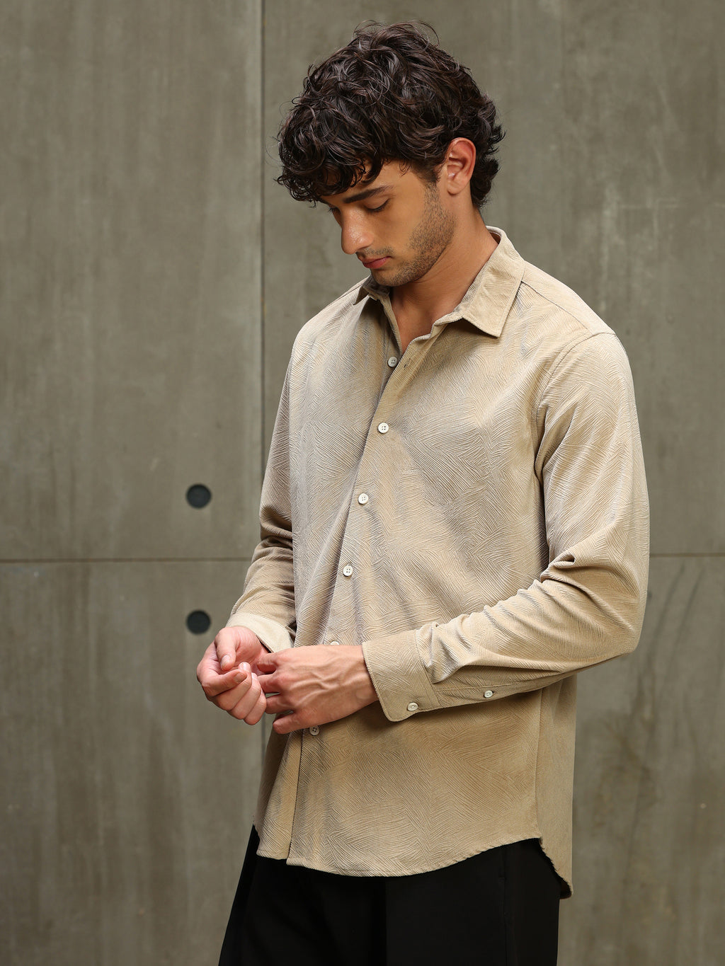 CAHOOT Men's Dark Beige Textured Knit Regular Fit Shirt - view 3