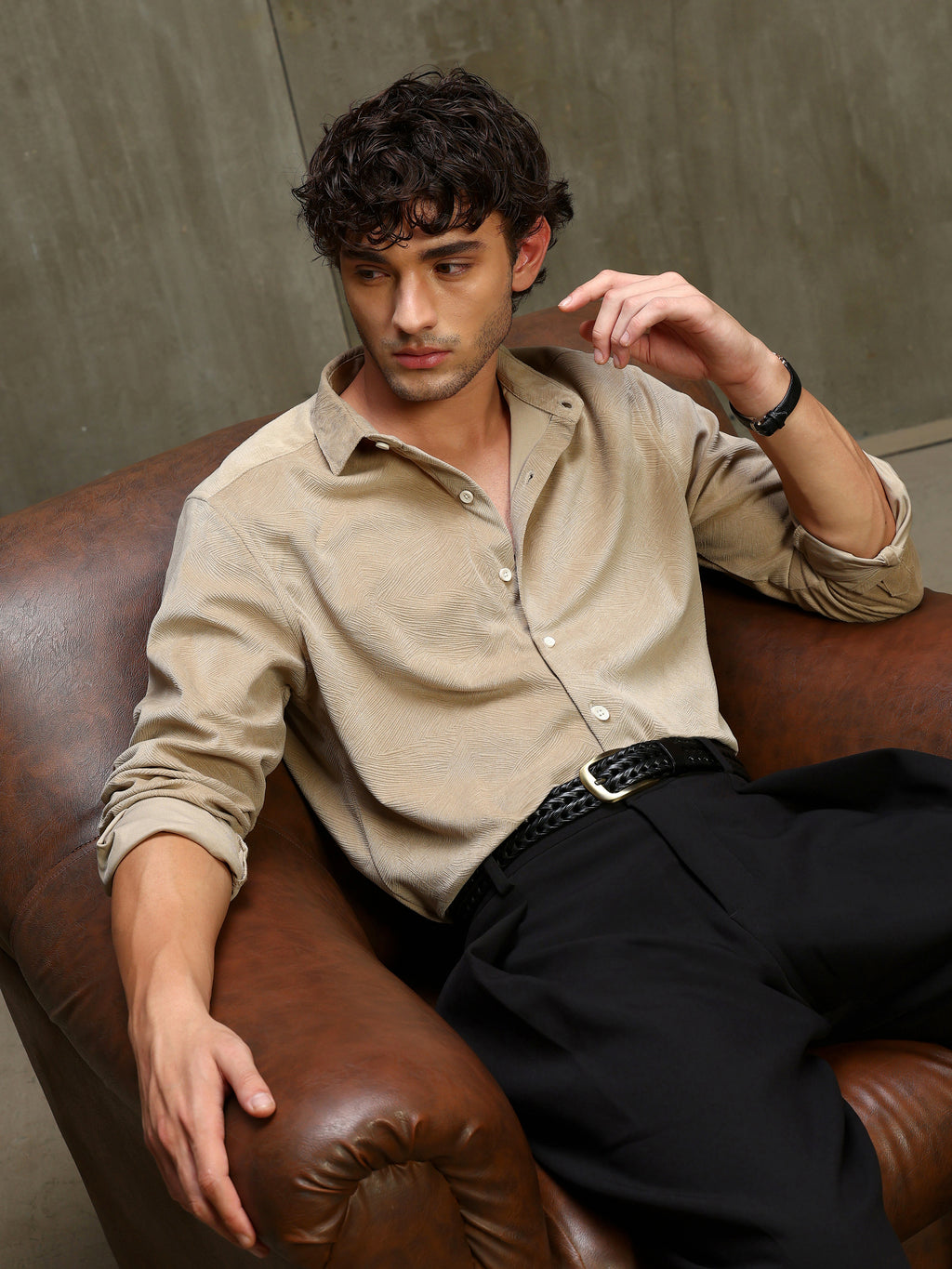 CAHOOT Men's Dark Beige Textured Knit Regular Fit Shirt - view 8