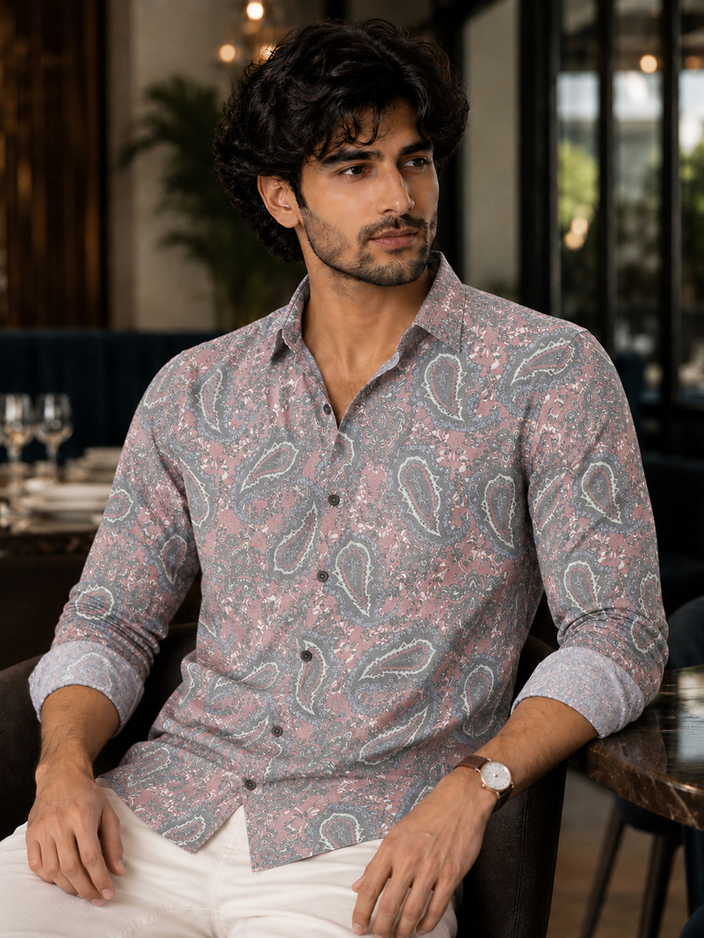CAHOOT Men's Grey & Pink Paisley Printed Regular Fit Shirt - view 1