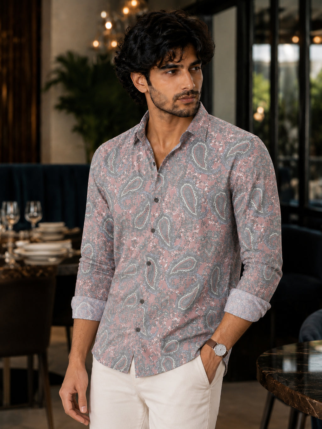CAHOOT Men's Grey & Pink Paisley Printed Regular Fit Shirt - view 2