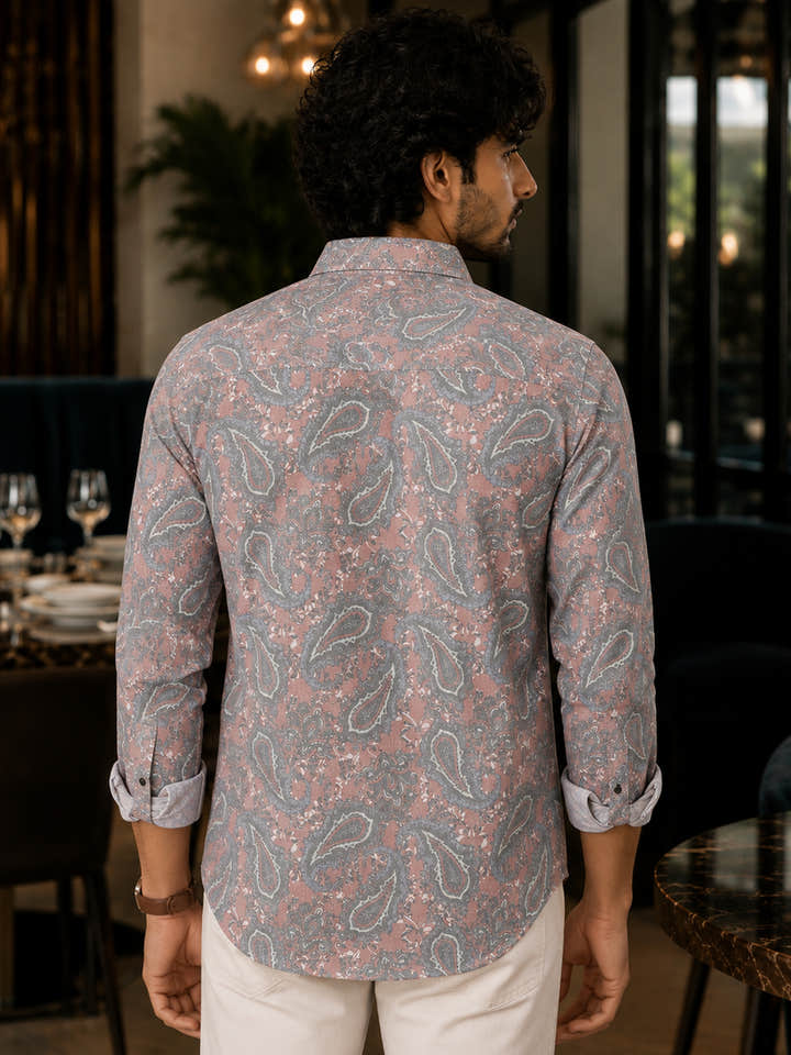 CAHOOT Men's Grey & Pink Paisley Printed Regular Fit Shirt - view 3