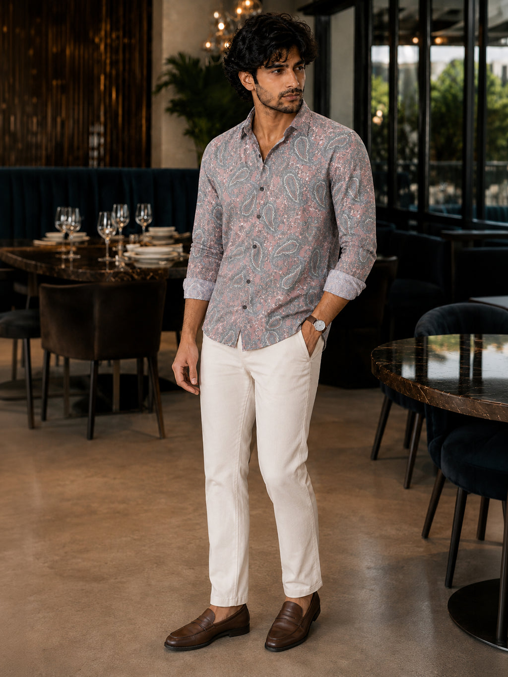 CAHOOT Men's Grey & Pink Paisley Printed Regular Fit Shirt - view 4