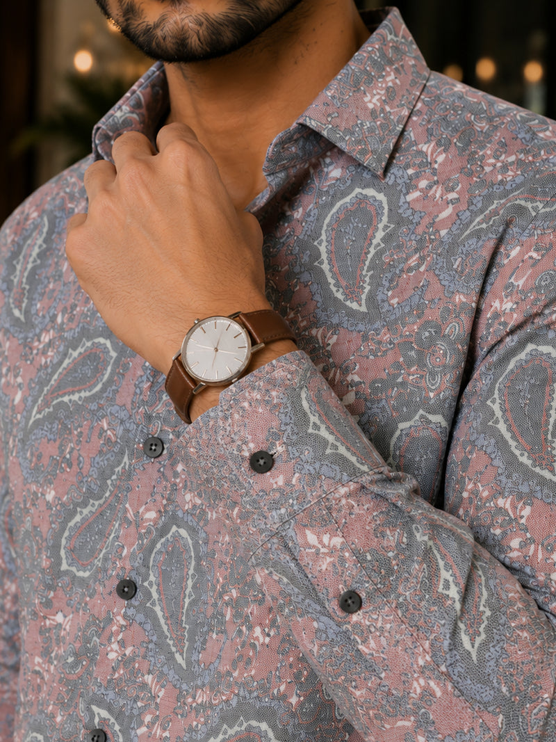 CAHOOT Men's Grey & Pink Paisley Printed Regular Fit Shirt - view 6