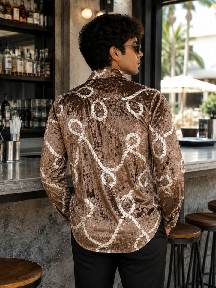 Brown Printed Velvet regular fit Shirt