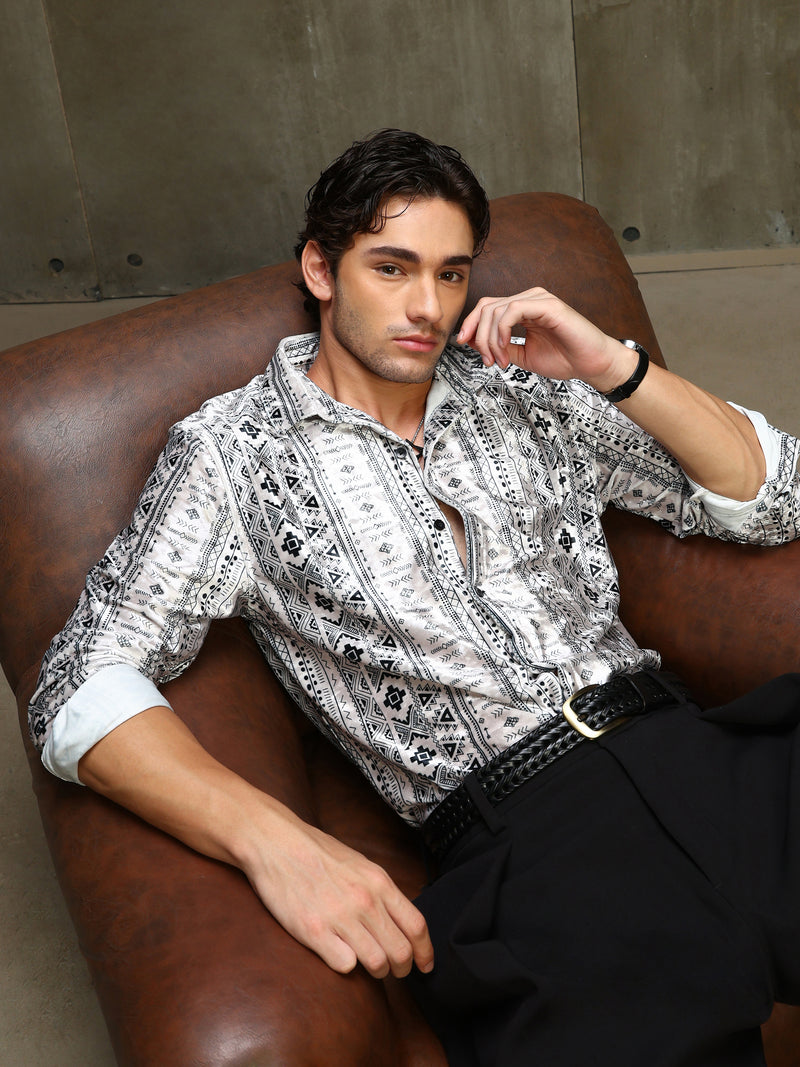 CAHOOT Men's White & Black Printed Velvet Regular Fit Shirt - view 1