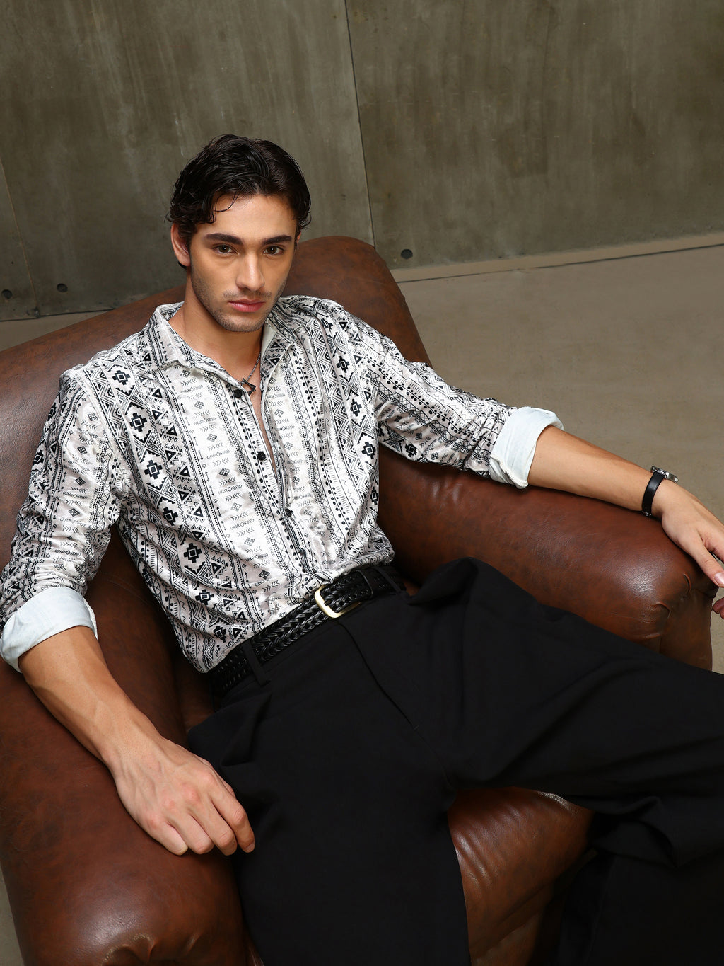 CAHOOT Men's White & Black Printed Velvet Regular Fit Shirt - view 10