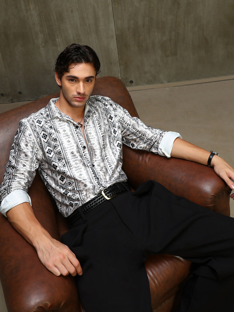 CAHOOT Men's White & Black Printed Velvet Regular Fit Shirt - view 10