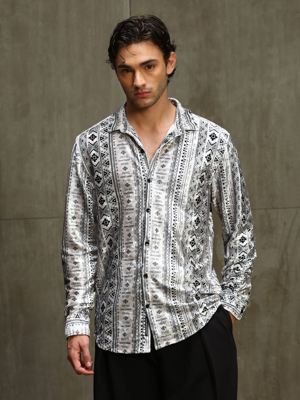 CAHOOT Men's White & Black Printed Velvet Regular Fit Shirt - view 2