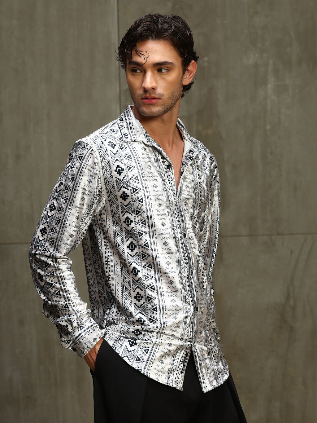 CAHOOT Men's White & Black Printed Velvet Regular Fit Shirt - view 3