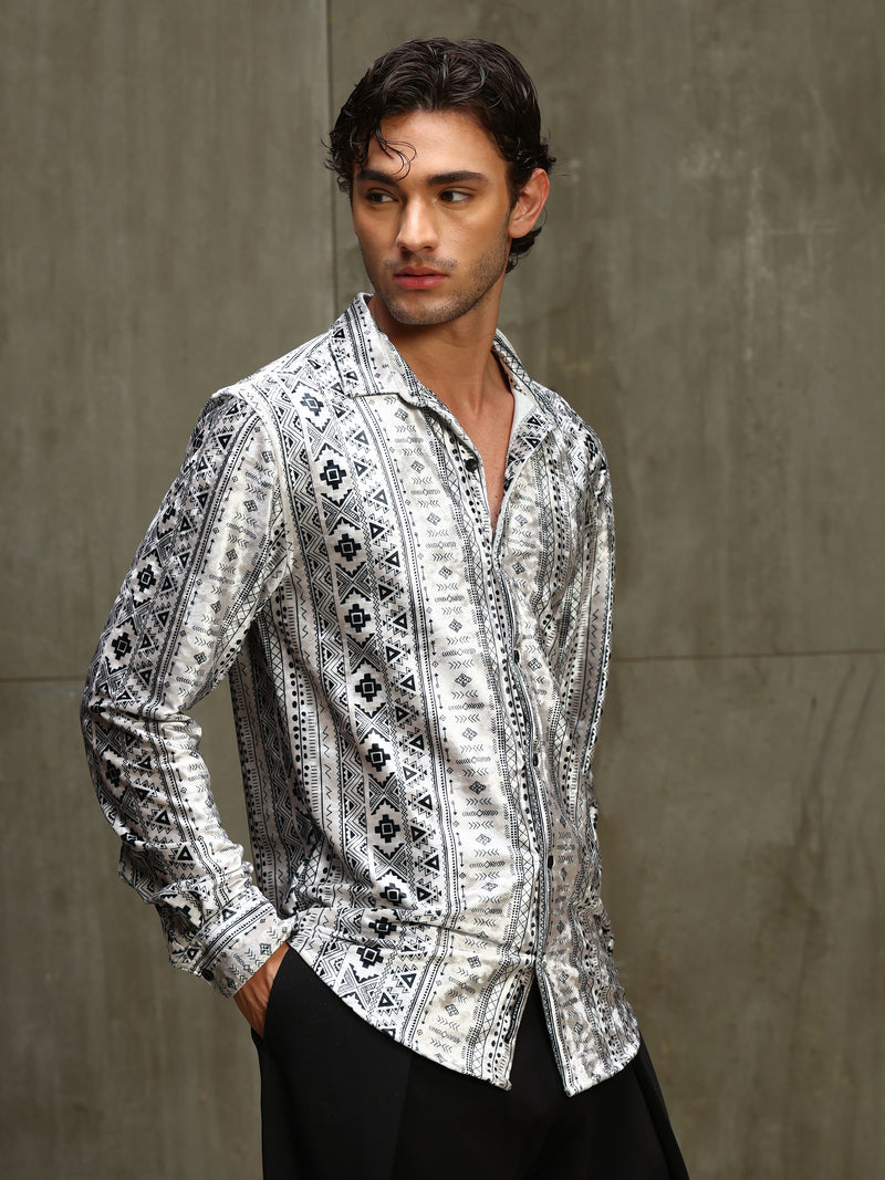 CAHOOT Men's White & Black Printed Velvet Regular Fit Shirt - view 3