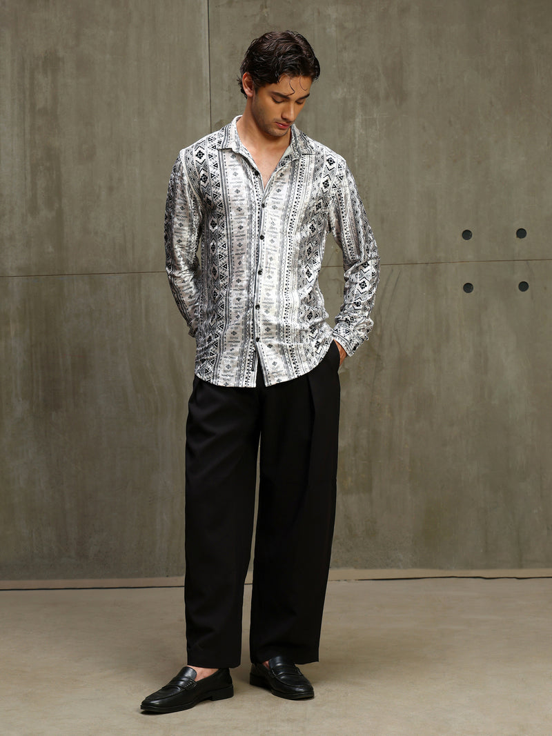 CAHOOT Men's White & Black Printed Velvet Regular Fit Shirt - view 5