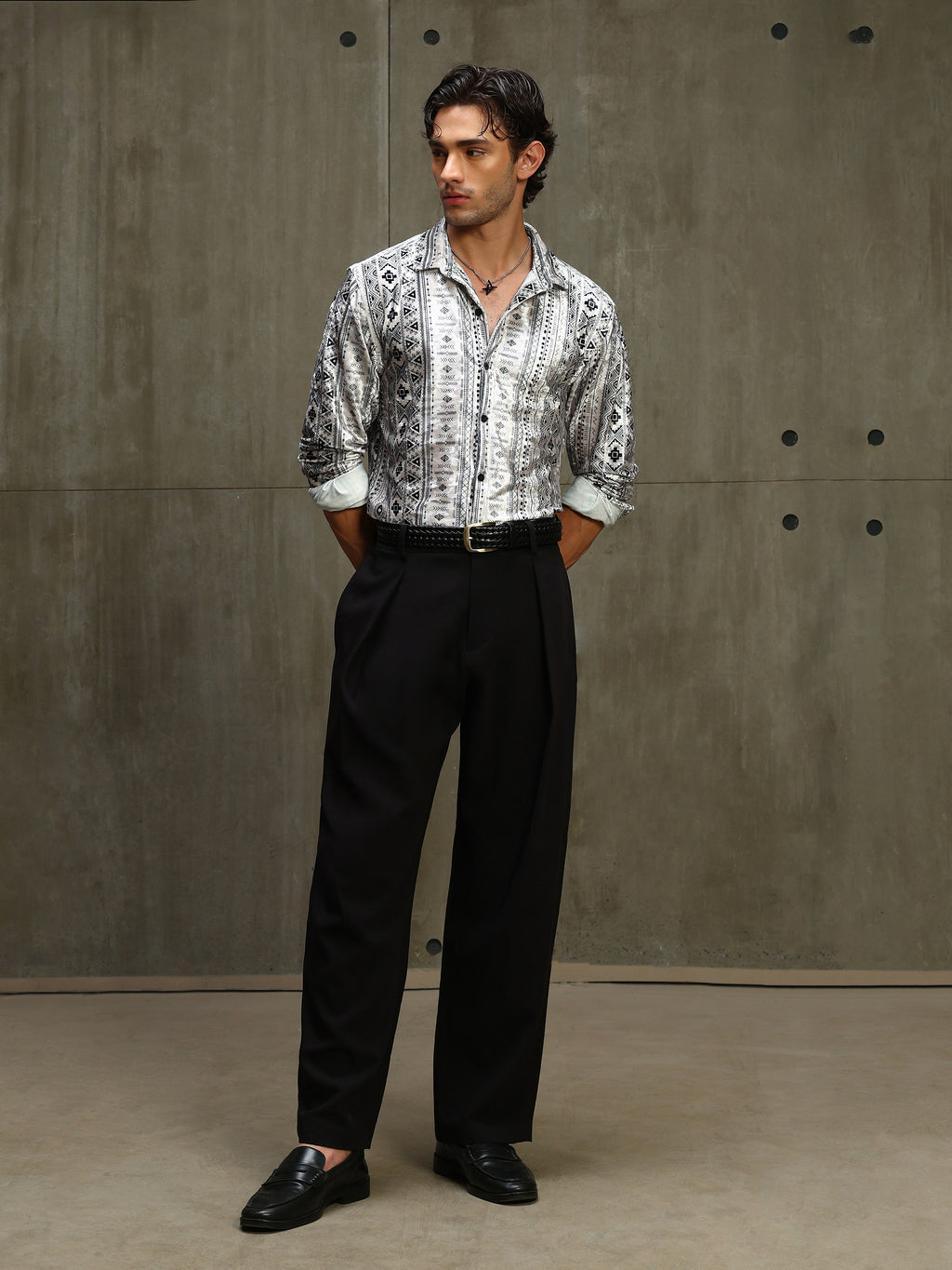 CAHOOT Men's White & Black Printed Velvet Regular Fit Shirt - view 6