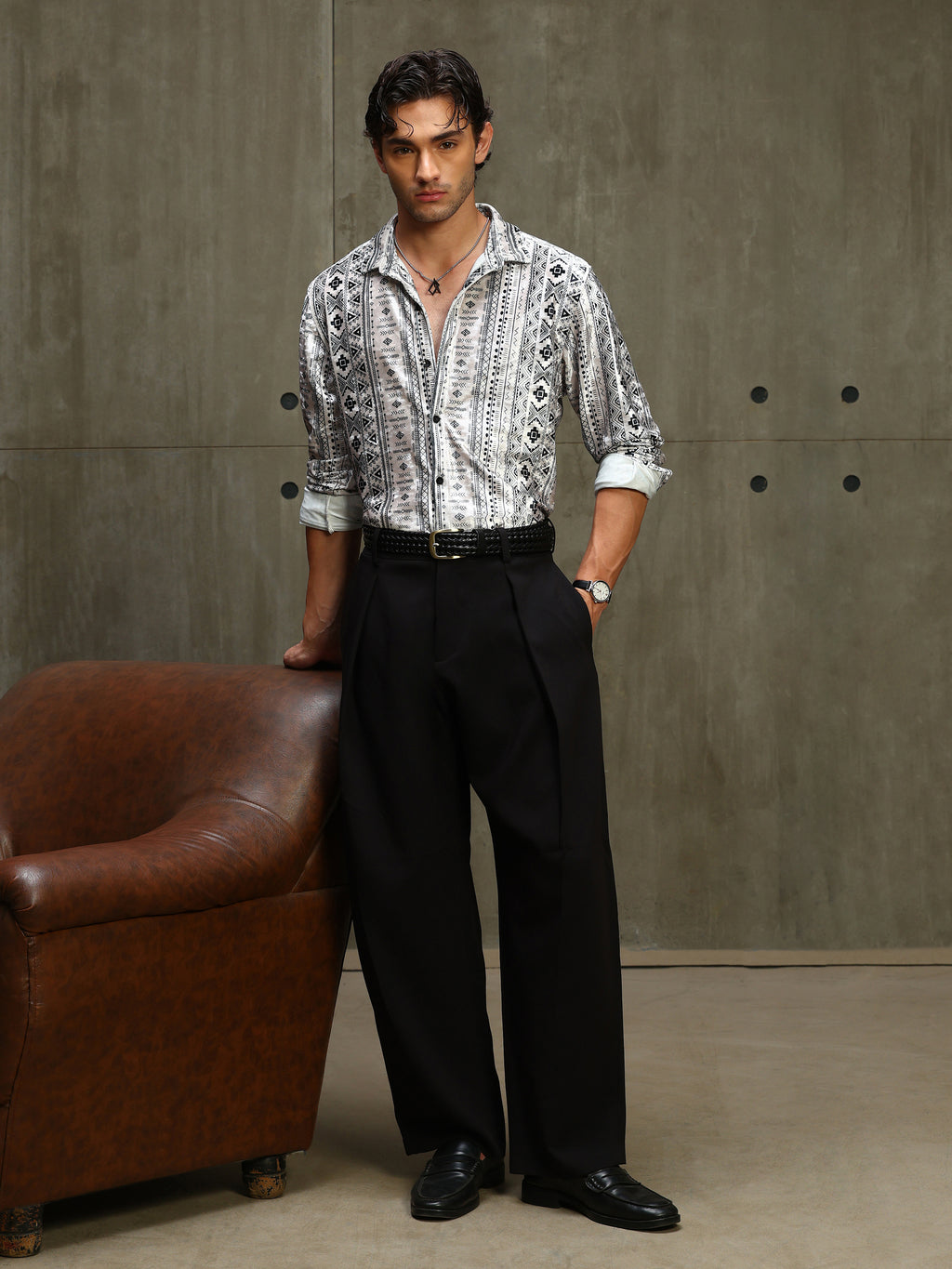 CAHOOT Men's White & Black Printed Velvet Regular Fit Shirt - view 7