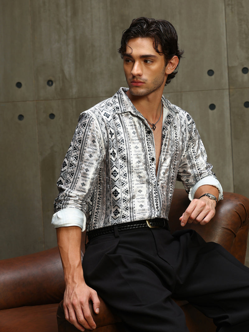 CAHOOT Men's White & Black Printed Velvet Regular Fit Shirt - view 8