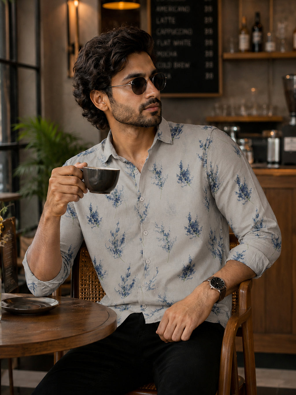 CAHOOT Men's Beige & Blue Floral Printed Regular Fit Shirt - view 1
