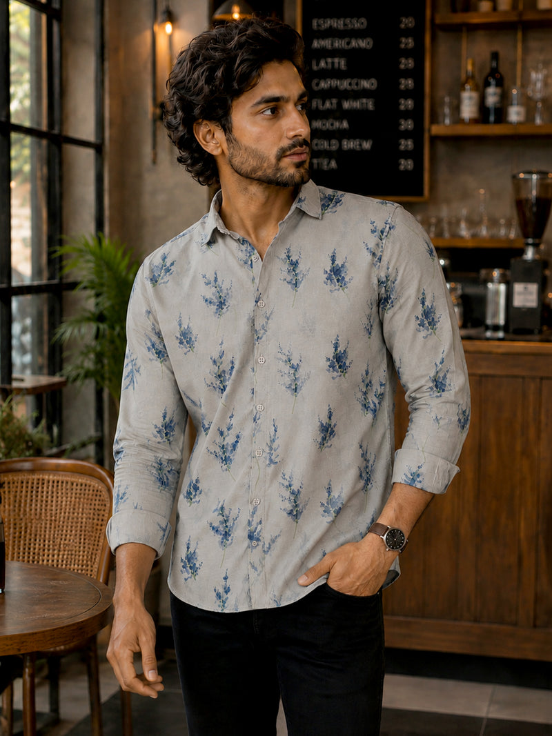 CAHOOT Men's Beige & Blue Floral Printed Regular Fit Shirt - view 2