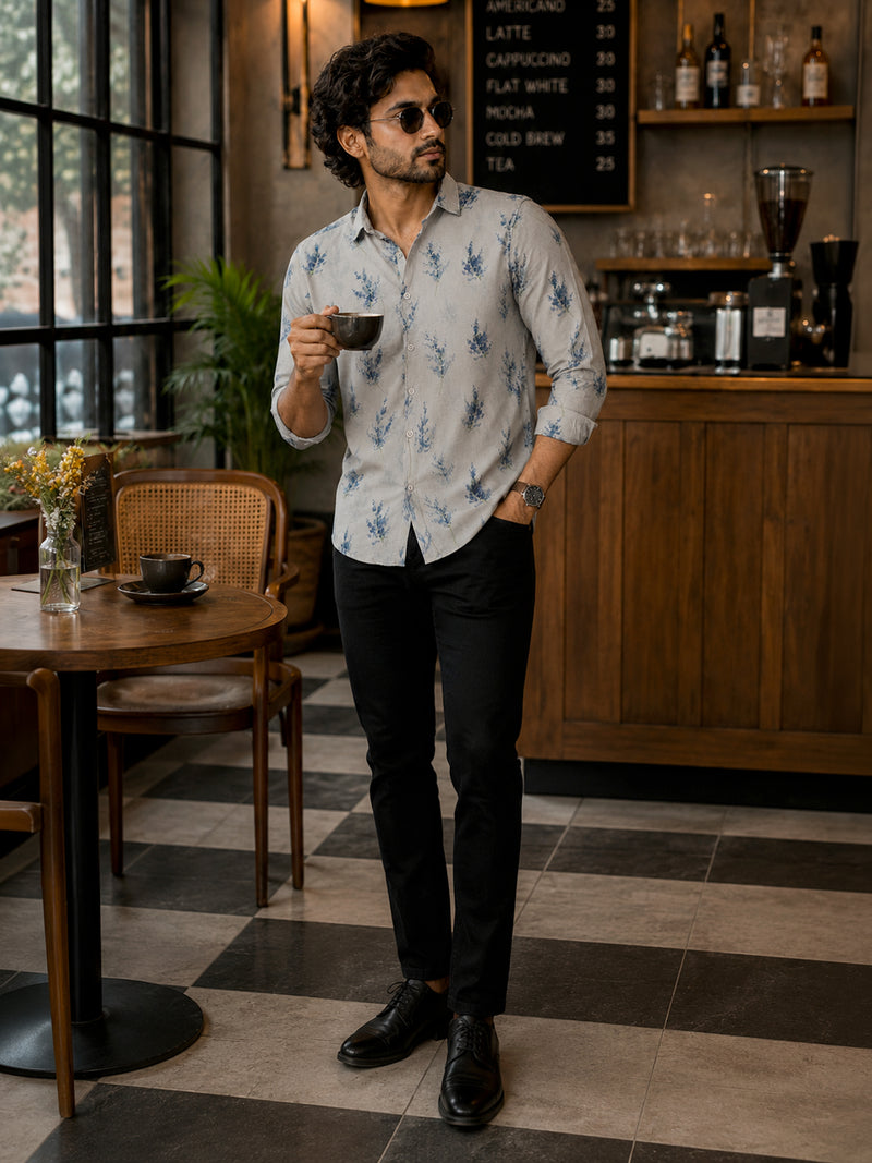 CAHOOT Men's Beige & Blue Floral Printed Regular Fit Shirt - view 4