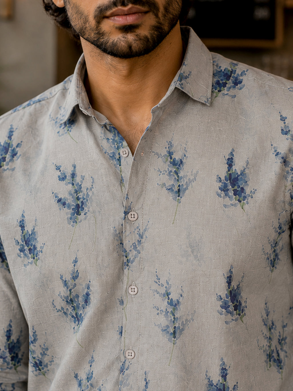 CAHOOT Men's Beige & Blue Floral Printed Regular Fit Shirt - view 5
